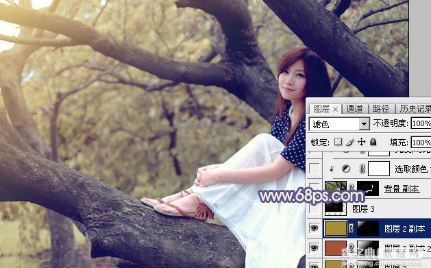 Photoshop为大树上的美女加上秋季晨曦蓝黄色效果21