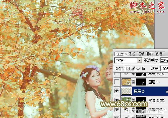 Photoshop将树林婚片打造出柔美的橙绿色34