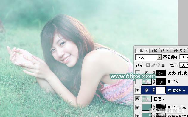Photoshop为趴在草地上的美女打造柔和唯美清爽的青绿色39