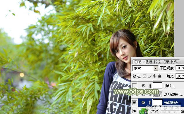 Photoshop为竹林边的美女加上甜美的淡调黄绿色6