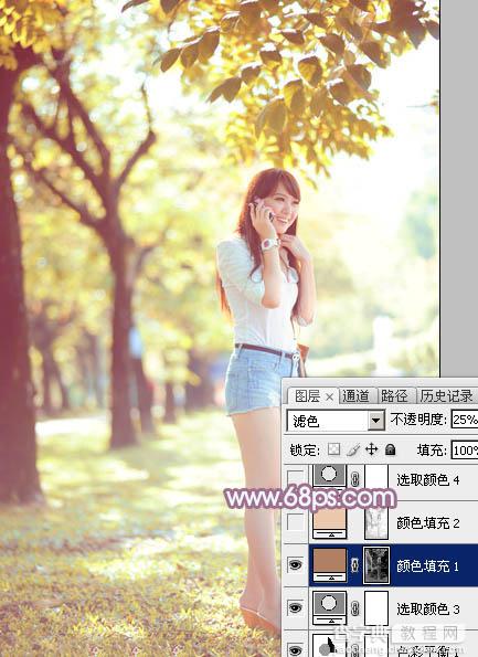 Photoshop为树荫下的美女图片打造淡淡柔美的蓝黄色26