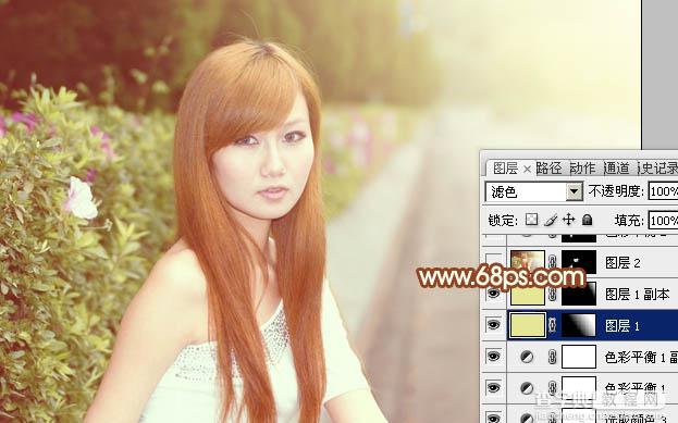 Photoshop快速为路边的美女调制出柔和的淡调黄褐色31
