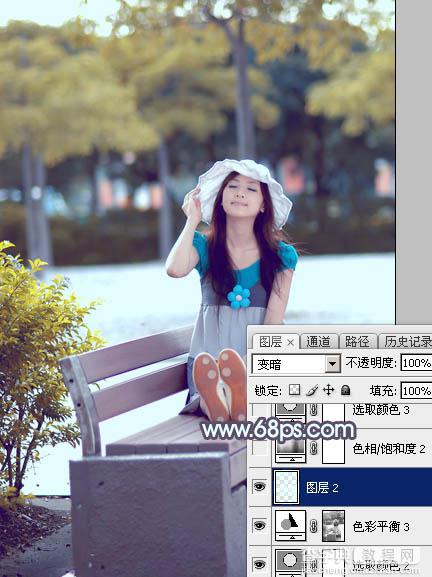 Photoshop给公园长凳上的美女调制出秋季蓝黄色24