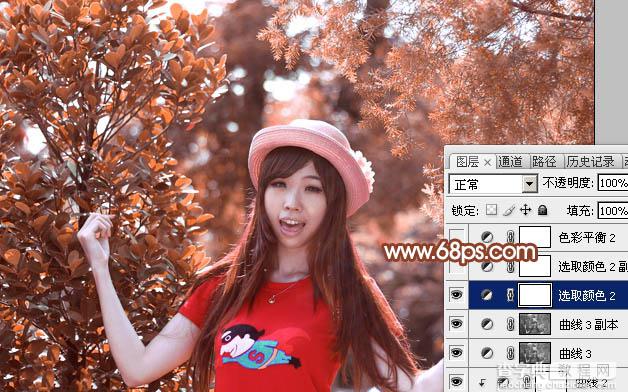 Photoshop打造唯美的橙红色树林人物图片31