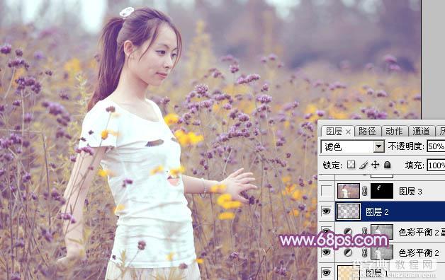 Photoshop为站在野花从中的美女调制出柔美的淡紫色32