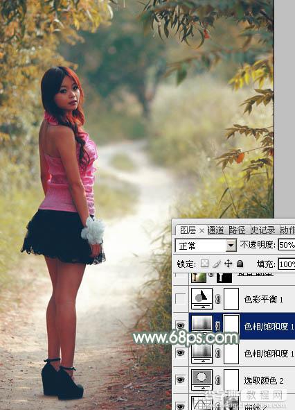 Photoshop为树林中的红衣美女加上漂亮的秋季色27