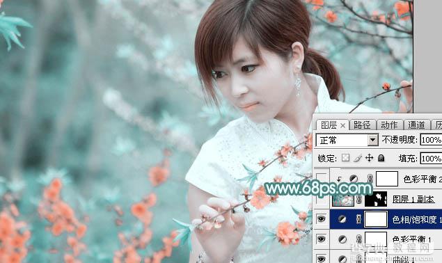 Photoshop将桃花林中的美女加上清爽的古典淡青色16