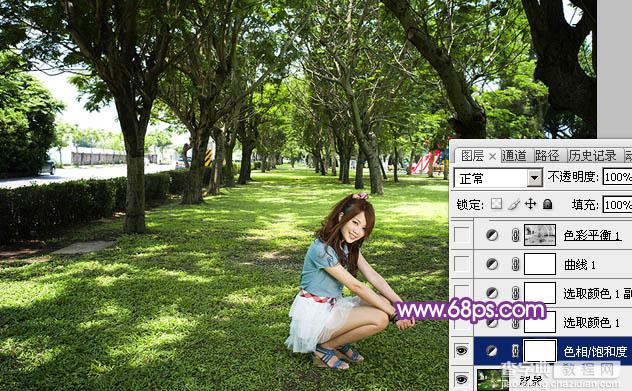 Photoshop为树林下草中的美女调制出淡美的黄紫色4