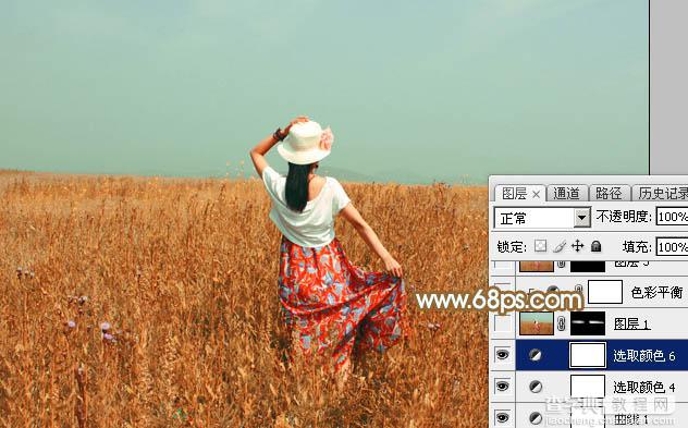 Photoshop给田野中的美女调制出流行的秋季青红色28