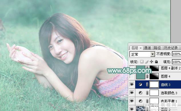 Photoshop为趴在草地上的美女打造柔和唯美清爽的青绿色33