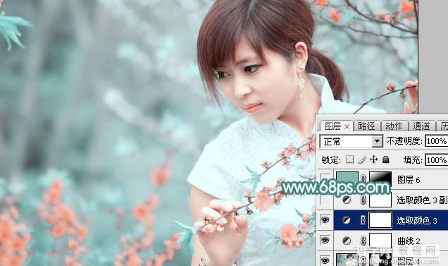 Photoshop将桃花林中的美女加上清爽的古典淡青色39