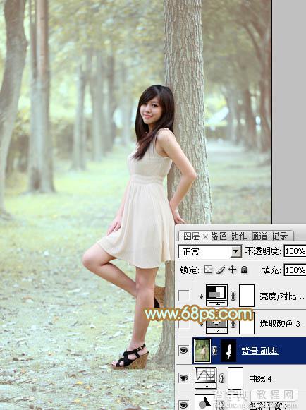Photoshop将树林美女图片调制出柔和淡雅的黄绿色32