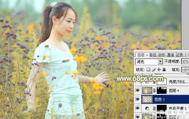 Photoshop为野花中的美女加上小清新的粉黄色44