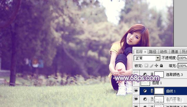 Photoshop将树林旁边草地上的美女图片增加柔和的绿紫色16