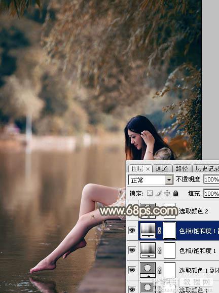 Photoshop为水边的美女图片加上暗调金秋色12