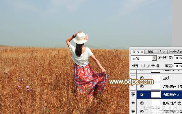 Photoshop给田野中的美女调制出流行的秋季青红色13