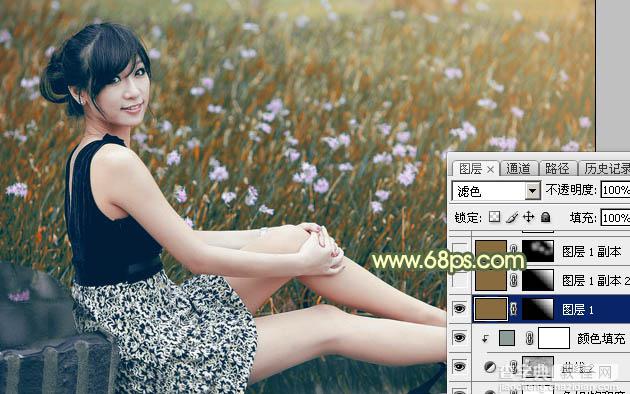 Photoshop为草地上的美女加上古典暗调青黄色35