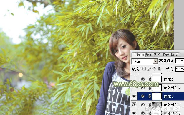 Photoshop为竹林边的美女加上甜美的淡调黄绿色9