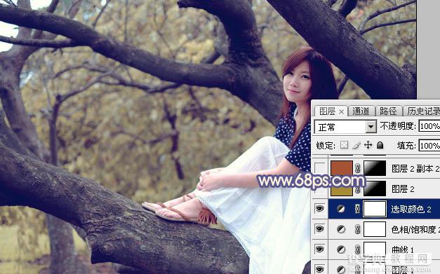 Photoshop为大树上的美女加上秋季晨曦蓝黄色效果18