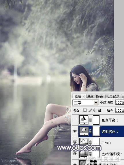 Photoshop为河边美女图片打造古典粉蓝色14