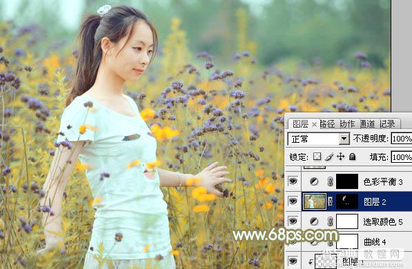 Photoshop为野花中的美女加上小清新的粉黄色43