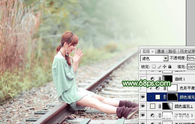 Photoshop为坐在铁轨的美女加上甜美的淡调粉绿色28