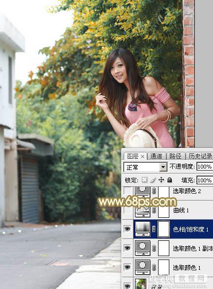 Photoshop为村道上的美女加上绚丽的秋季阳光色9