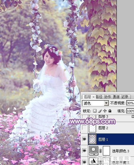 Photoshop将荡秋千的新娘图片增加唯美的淡调蓝黄色25