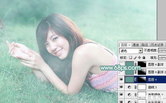 Photoshop为趴在草地上的美女打造柔和唯美清爽的青绿色34