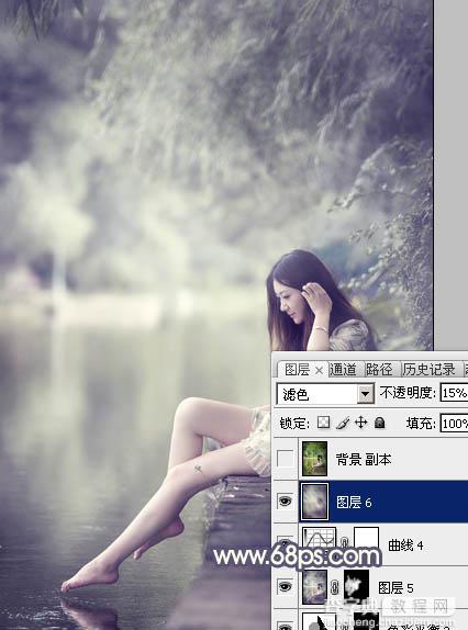 Photoshop为河边美女图片打造古典粉蓝色27