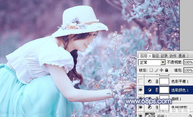 Photoshop将花草中的美女增加上冷艳的淡调青蓝色16