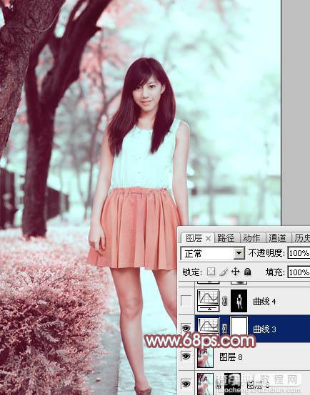 Photoshop为树下的美女图片调制出甜美的粉调青红色43