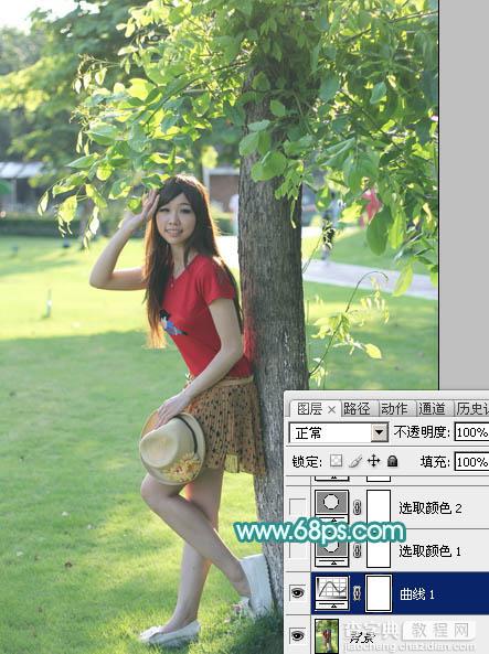 Photoshop为树荫下的美女图片加上清爽的青绿色5