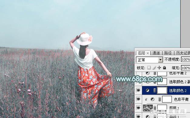 Photoshop为花丛中的美女图片打造柔美的中性淡青色22