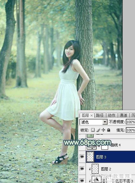 Photoshop为树林美女图片打造出柔和的青黄色31