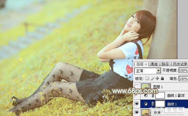 Photoshop将草地美女图片打造柔美的韩系粉黄色25