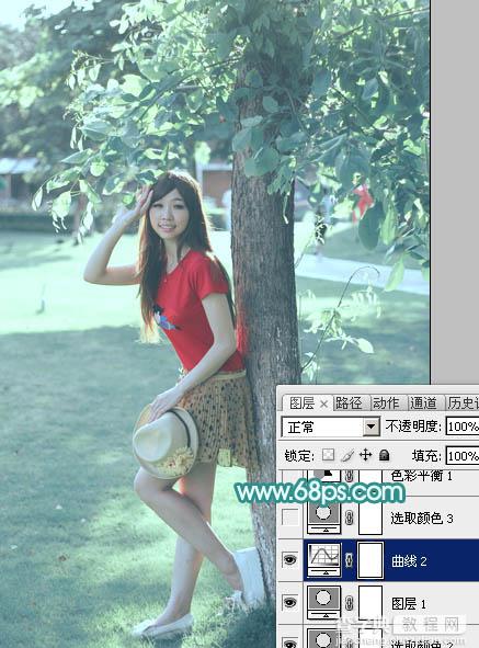 Photoshop为树荫下的美女图片加上清爽的青绿色16