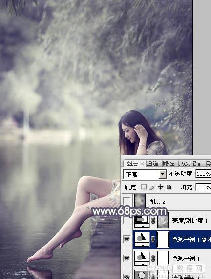 Photoshop为河边美女图片打造古典粉蓝色18