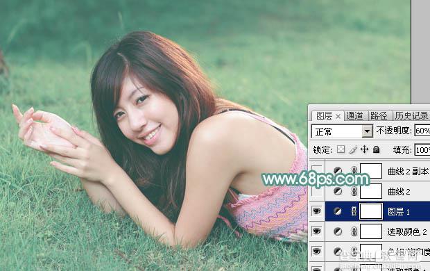 Photoshop为趴在草地上的美女打造柔和唯美清爽的青绿色15