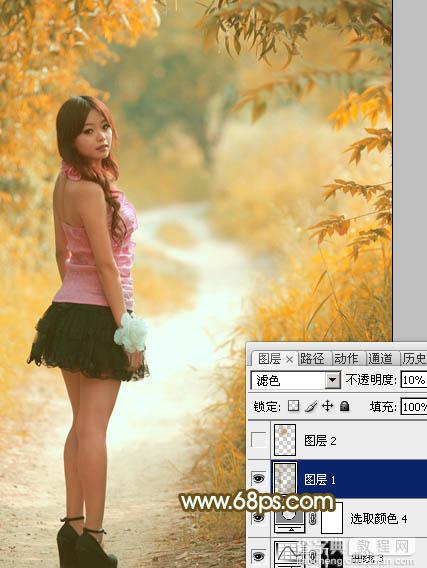 Photoshop将树丛小道上的人物图片增加上柔和的怀旧橙褐色28
