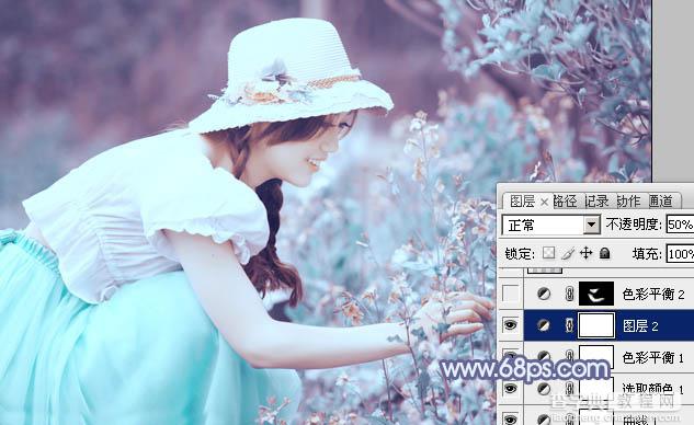 Photoshop将花草中的美女增加上冷艳的淡调青蓝色20