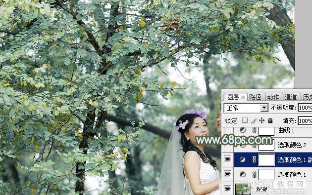 Photoshop为绿树下的情侣加上柔美的青绿色5