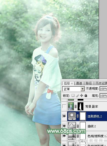 Photoshop将外景美女图片打造唯美的夏季青绿色33