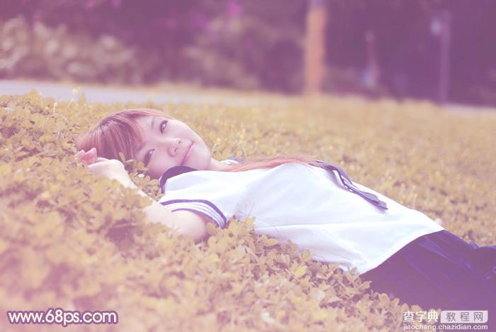 Photoshop将躺草地上的美女打造出柔和的秋季红褐色2