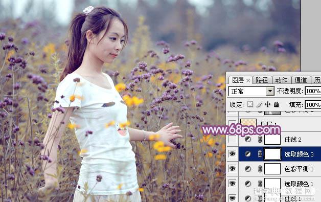 Photoshop为站在野花从中的美女调制出柔美的淡紫色22