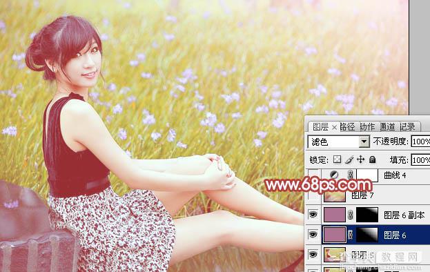 Photoshop为草地上的美女加上小清新的粉黄色35