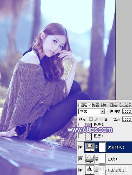 Photoshop将树林中的美女图片增加柔和的冷色(蓝紫色)18