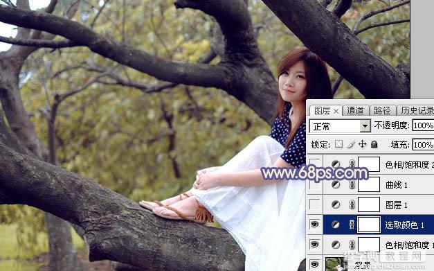 Photoshop为大树上的美女加上秋季晨曦蓝黄色效果10