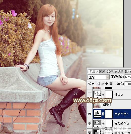 Photoshop将花坛边的美女加上漂亮的秋季暖褐色33