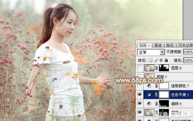 Photoshop为花丛中的美女加上甜美的淡粉色48